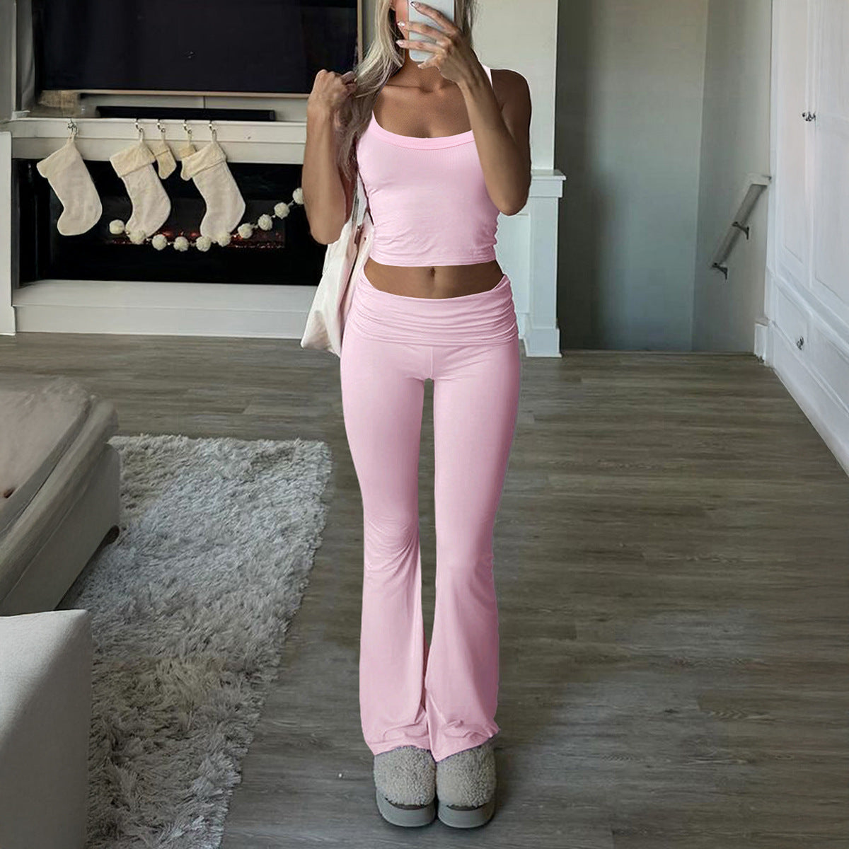 Sports style solid color knitted vest long pants set