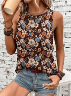 Printed Loose Casual Crew Neck Sleeveless  Summer Top