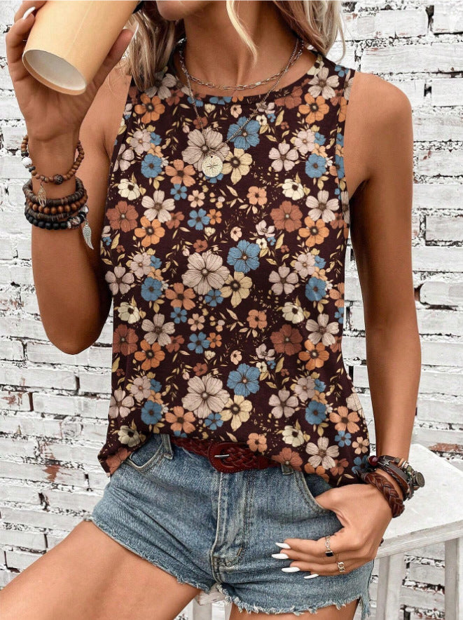 Printed Loose Casual Crew Neck Sleeveless  Summer Top