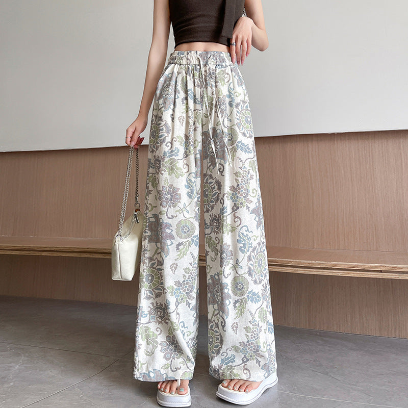 Bohemian ice silk linen retro printing wide-leg pants