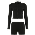 Hemming Contrast Color Ultra Short Leaky Navel Vest High Waist Shorts Long Sleeve Zipper Cardigan Sports Yoga Basic Three-piece Set