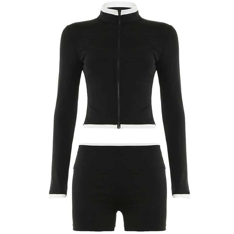 Hemming Contrast Color Ultra Short Leaky Navel Vest High Waist Shorts Long Sleeve Zipper Cardigan Sports Yoga Basic Three-piece Set