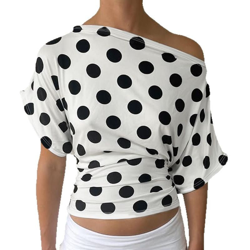 Polka dot contrasting color printing diagonal collar spill shoulder bat short-sleeved pullover top high waist hip skirt Set