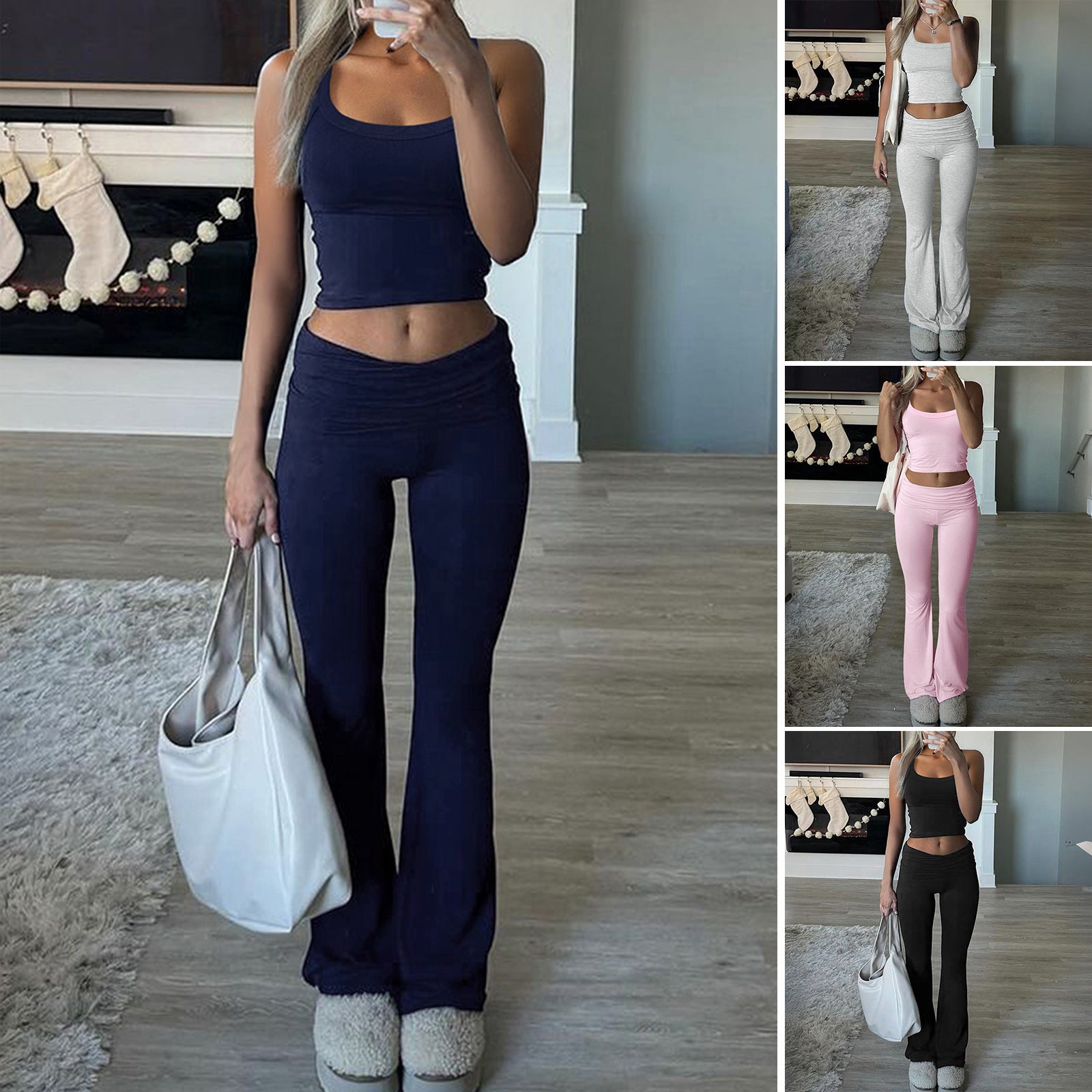 Sports style solid color knitted vest long pants set