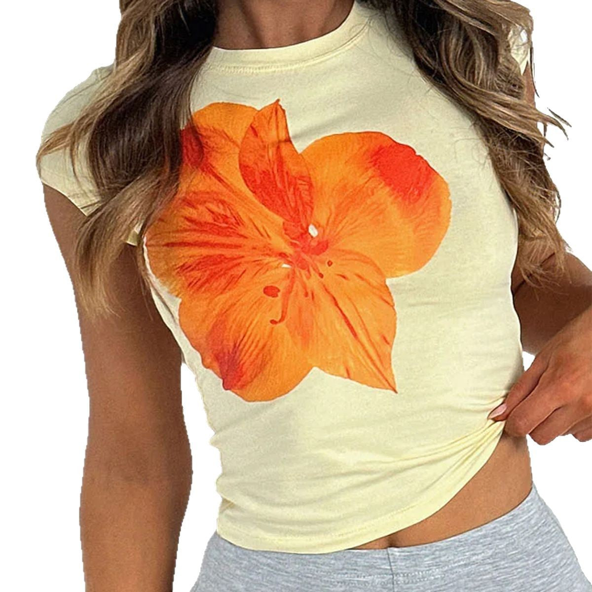 Slim-fitting waist flower print short-sleeved T-shirt