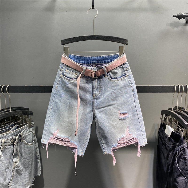 color ripped high waist and thin wide leg jeans