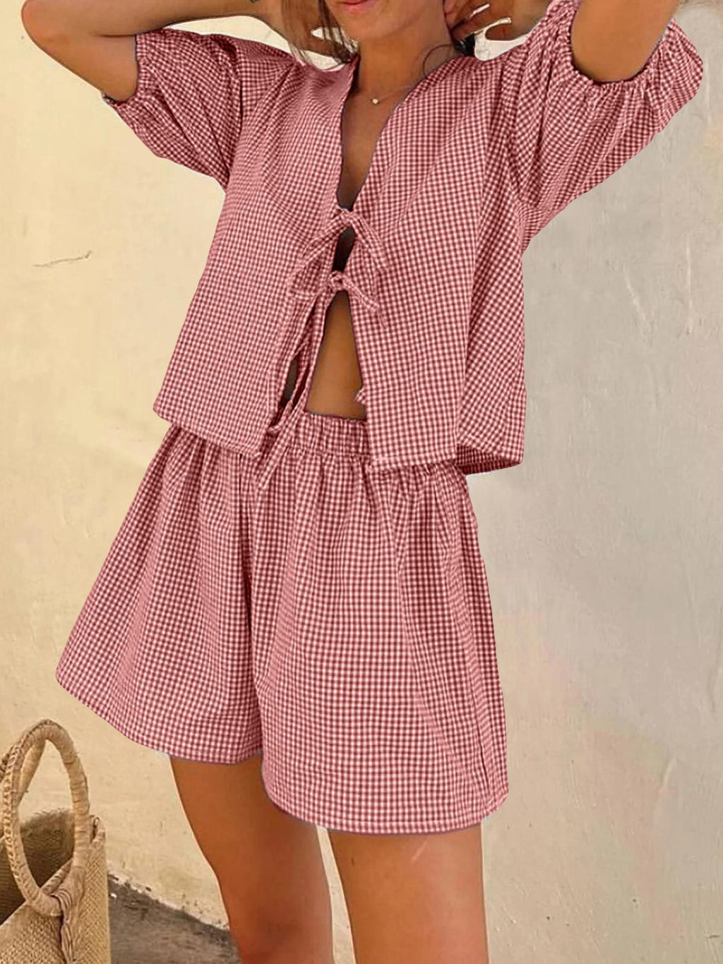 Plaid Striped Rubber Cuffs Casual Fashion Tether Elastic Waist Shorts Set