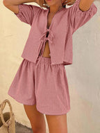 Plaid Striped Rubber Cuffs Casual Fashion Tether Elastic Waist Shorts Set