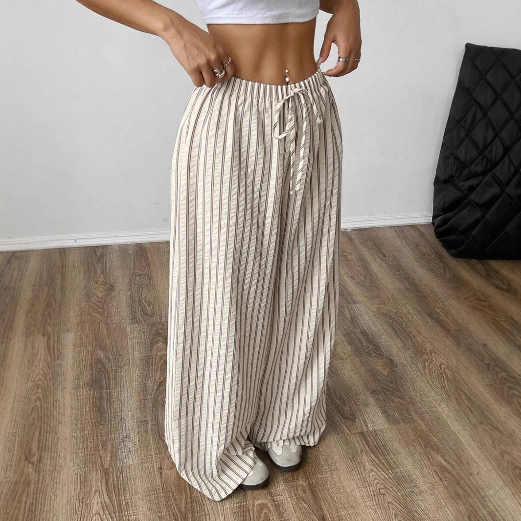 Drawstring elastic waist lazy versatile wide striped casual straight pants