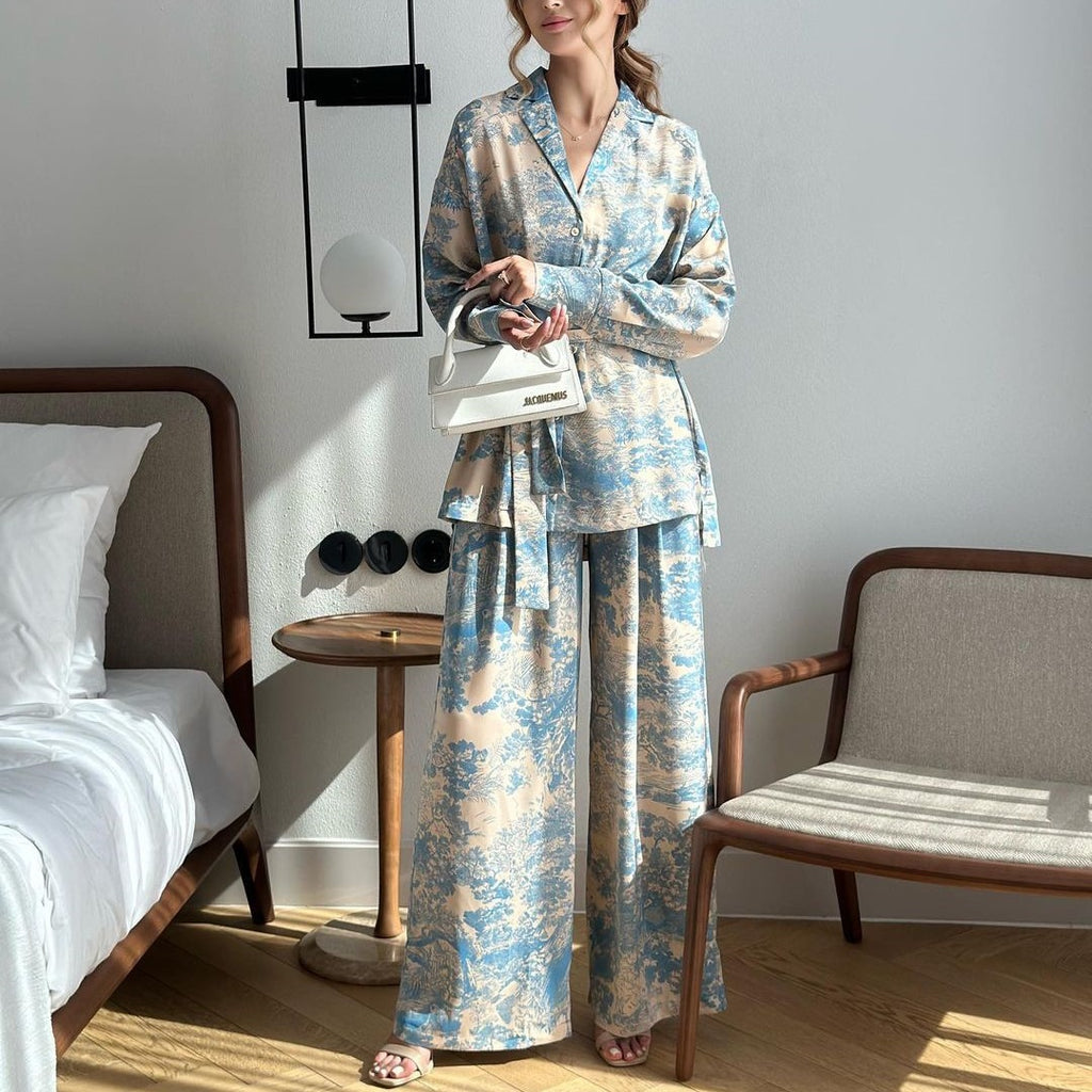 Printed long-sleeved lace-up shirt high-waisted wide-leg pants for women