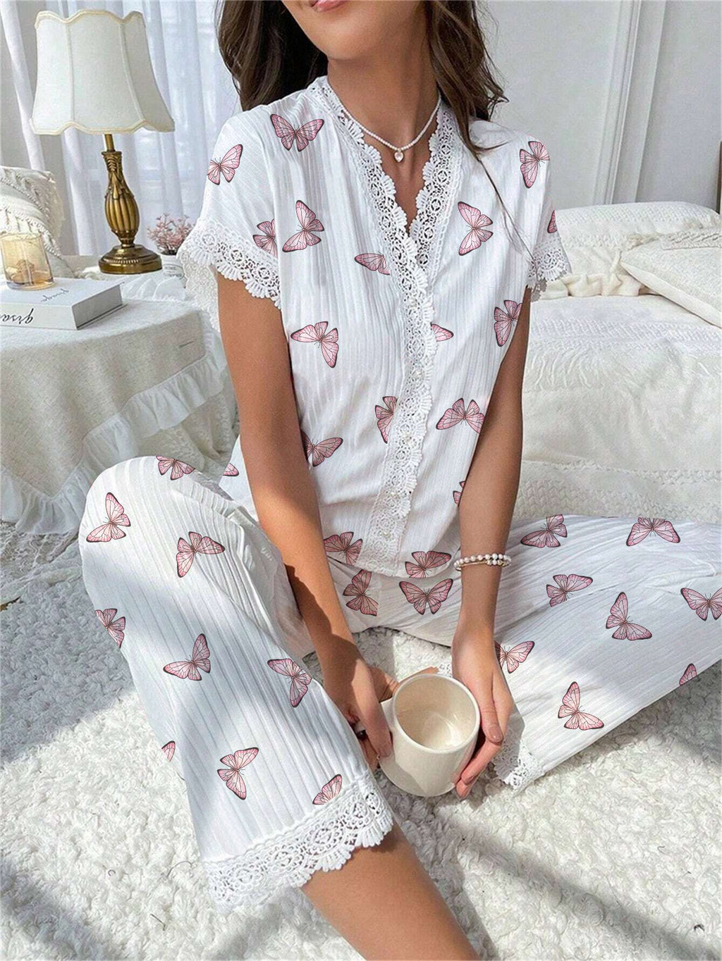Cherry print water-soluble embroidery lace short-sleeved and pants set pajamas