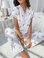 Cherry print water-soluble embroidery lace short-sleeved and pants set pajamas