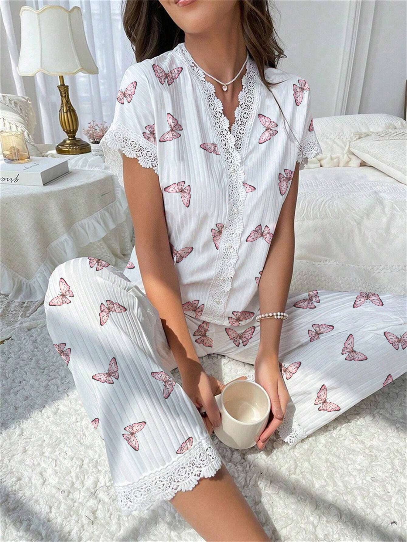 Cherry print water-soluble embroidery lace short-sleeved and pants set pajamas