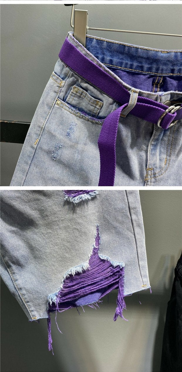 color ripped high waist and thin wide leg jeans