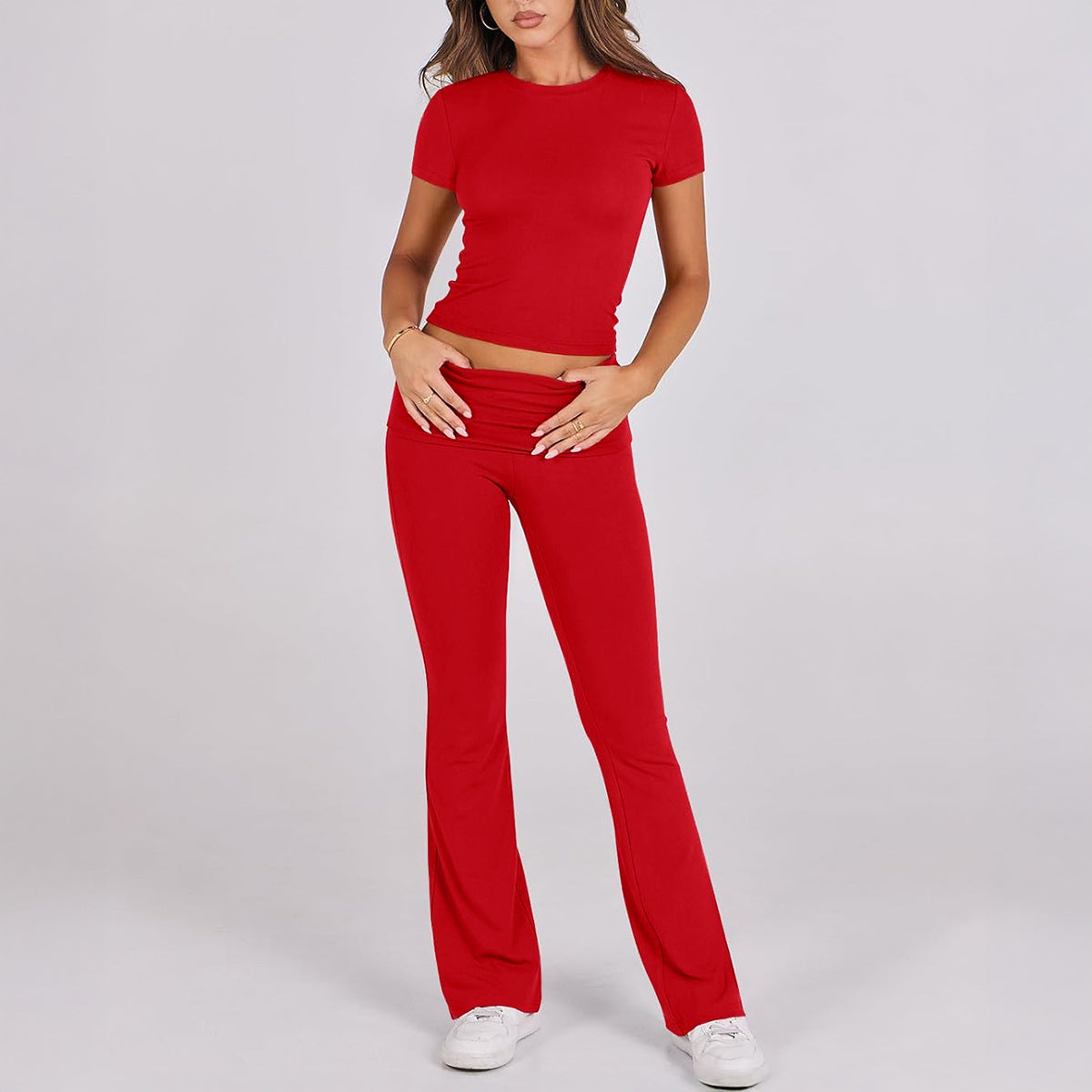 Casual solid color slim-fit short-sleeved top and pants set
