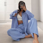 Polyester striped casual simple women's long-sleeved trousers loose suit