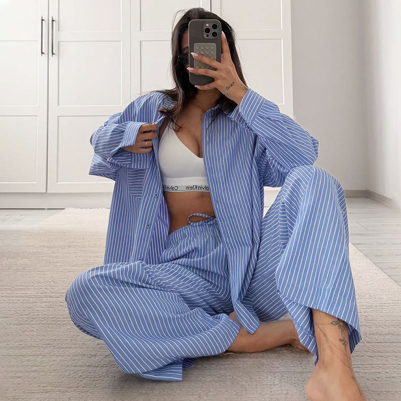Polyester striped casual simple women's long-sleeved trousers loose suit