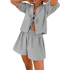 Plaid Striped Rubber Cuffs Casual Fashion Tether Elastic Waist Shorts Set