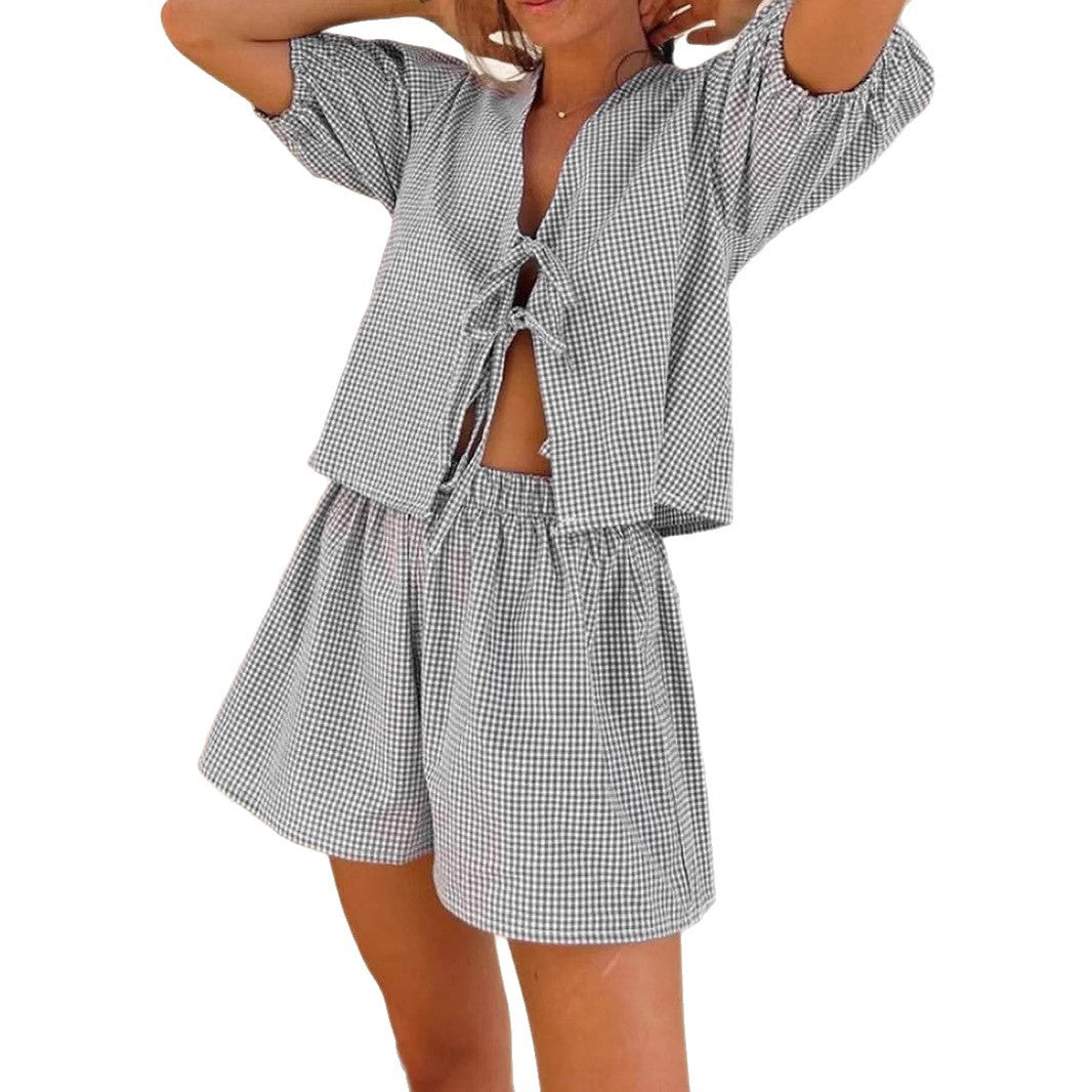 Plaid Striped Rubber Cuffs Casual Fashion Tether Elastic Waist Shorts Set