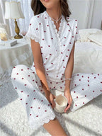Cherry print water-soluble embroidery lace short-sleeved and pants set pajamas