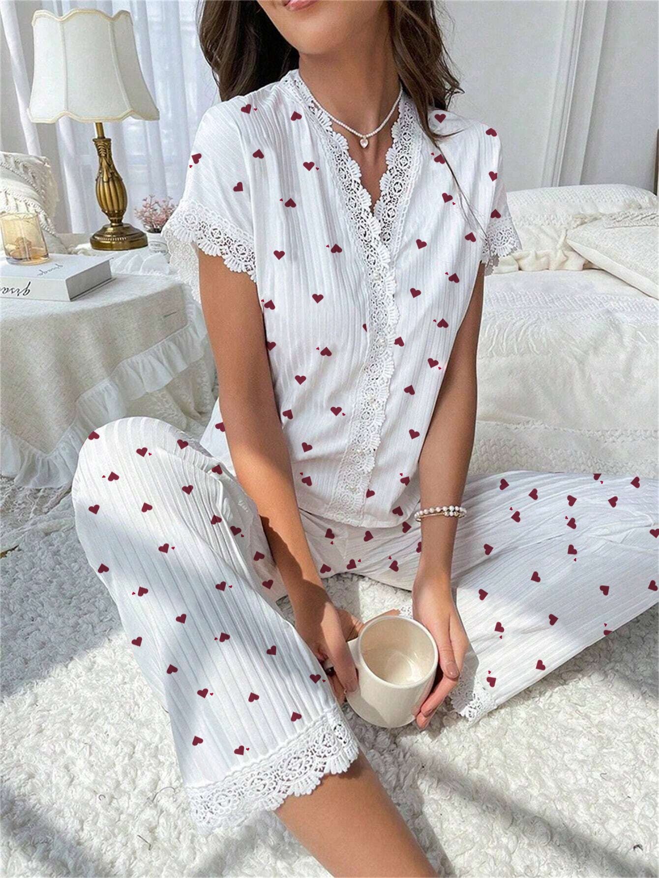 Cherry print water-soluble embroidery lace short-sleeved and pants set pajamas