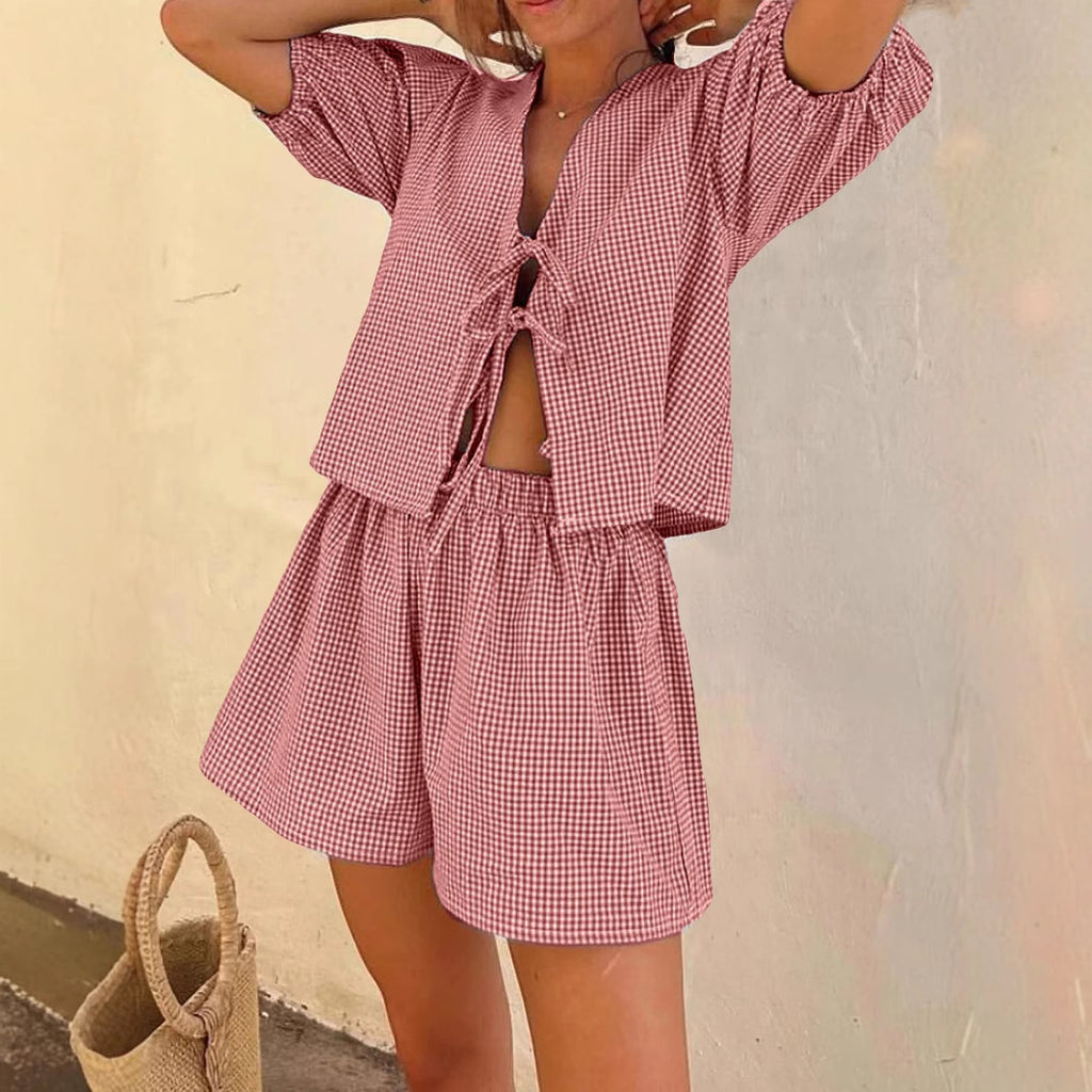 Plaid Striped Rubber Cuffs Casual Fashion Tether Elastic Waist Shorts Set