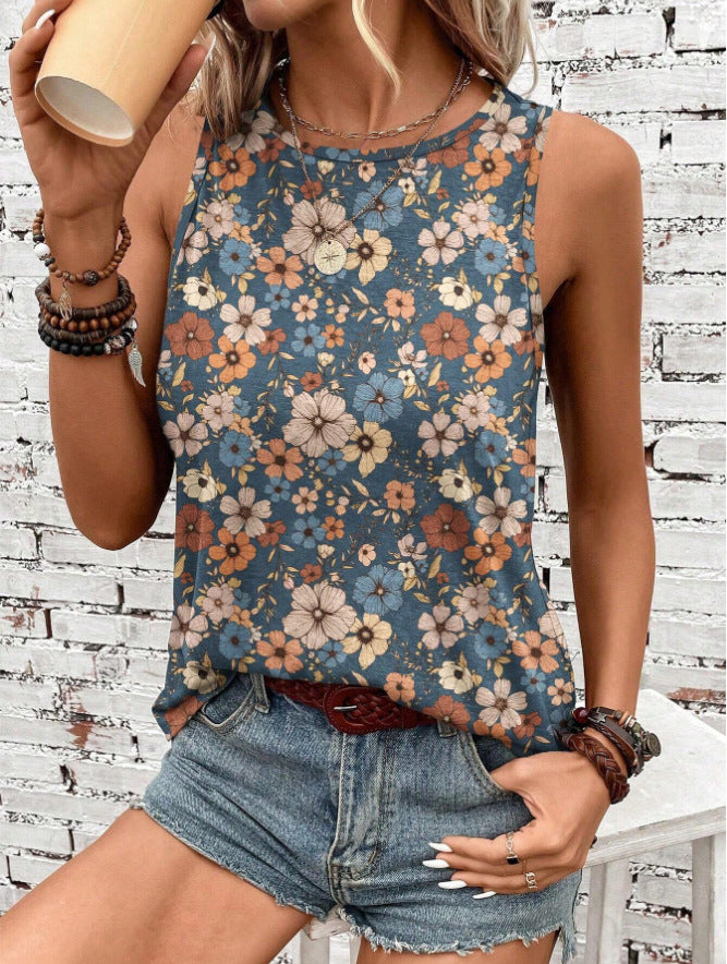 Printed Loose Casual Crew Neck Sleeveless  Summer Top