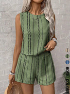 Casual Craft Striped Printed Sleeveless Tank Top Shorts Two-piece Set