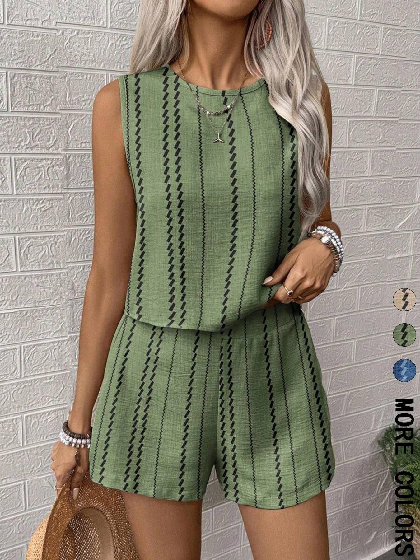 Casual Craft Striped Printed Sleeveless Tank Top Shorts Two-piece Set