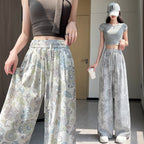 Bohemian ice silk linen retro printing wide-leg pants