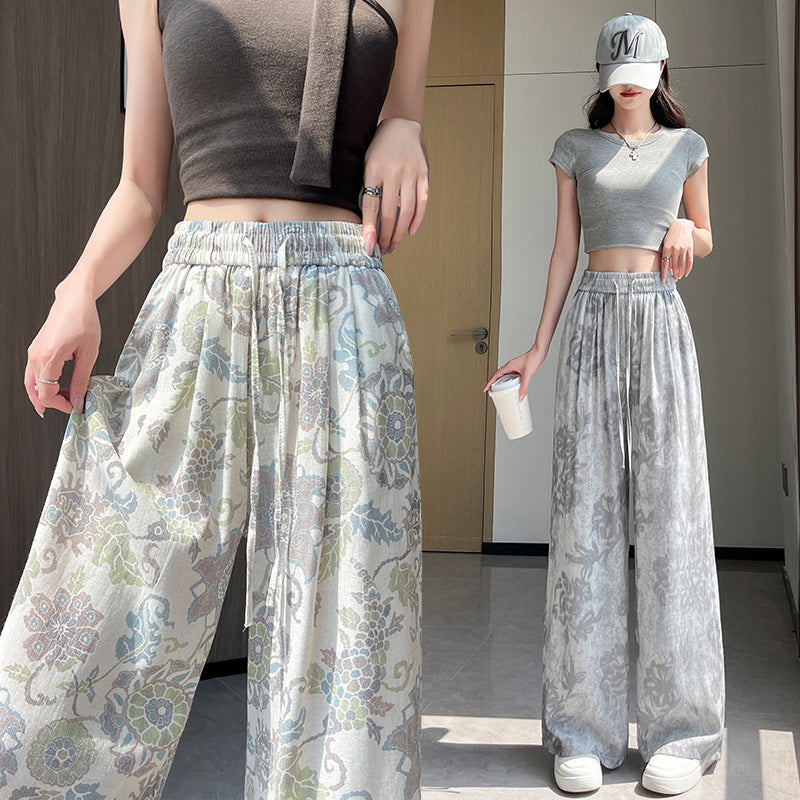 Bohemian ice silk linen retro printing wide-leg pants