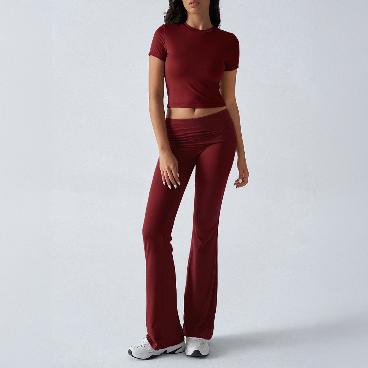 Casual solid color slim-fit short-sleeved top and pants set