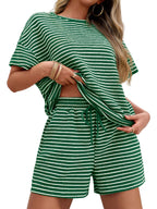 Striped Short Sleeve T-Shirt Drawstring Shorts Set