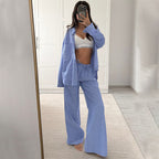 Polyester striped casual simple women's long-sleeved trousers loose suit