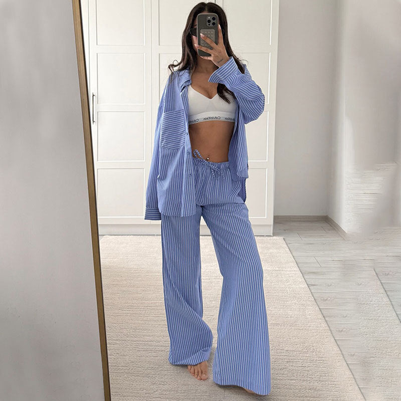 Polyester striped casual simple women's long-sleeved trousers loose suit