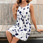 Polka dot print pleated sleeveless A-shaped dress
