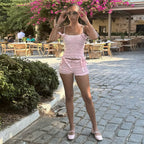 Pleated Lace-Up Bow Basic Top and Shorts Set