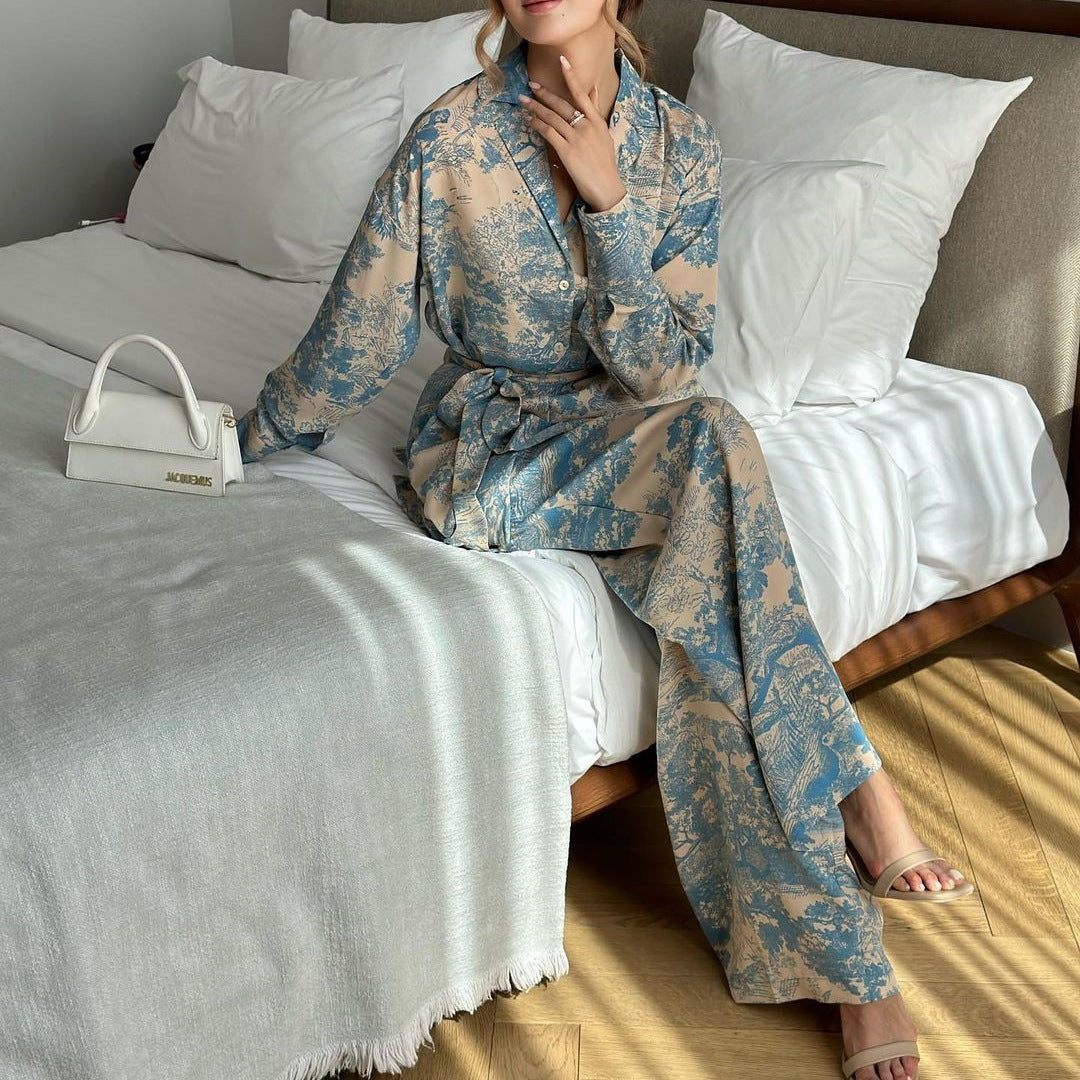 Printed long-sleeved lace-up shirt high-waisted wide-leg pants for women