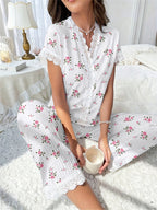 Cherry print water-soluble embroidery lace short-sleeved and pants set pajamas