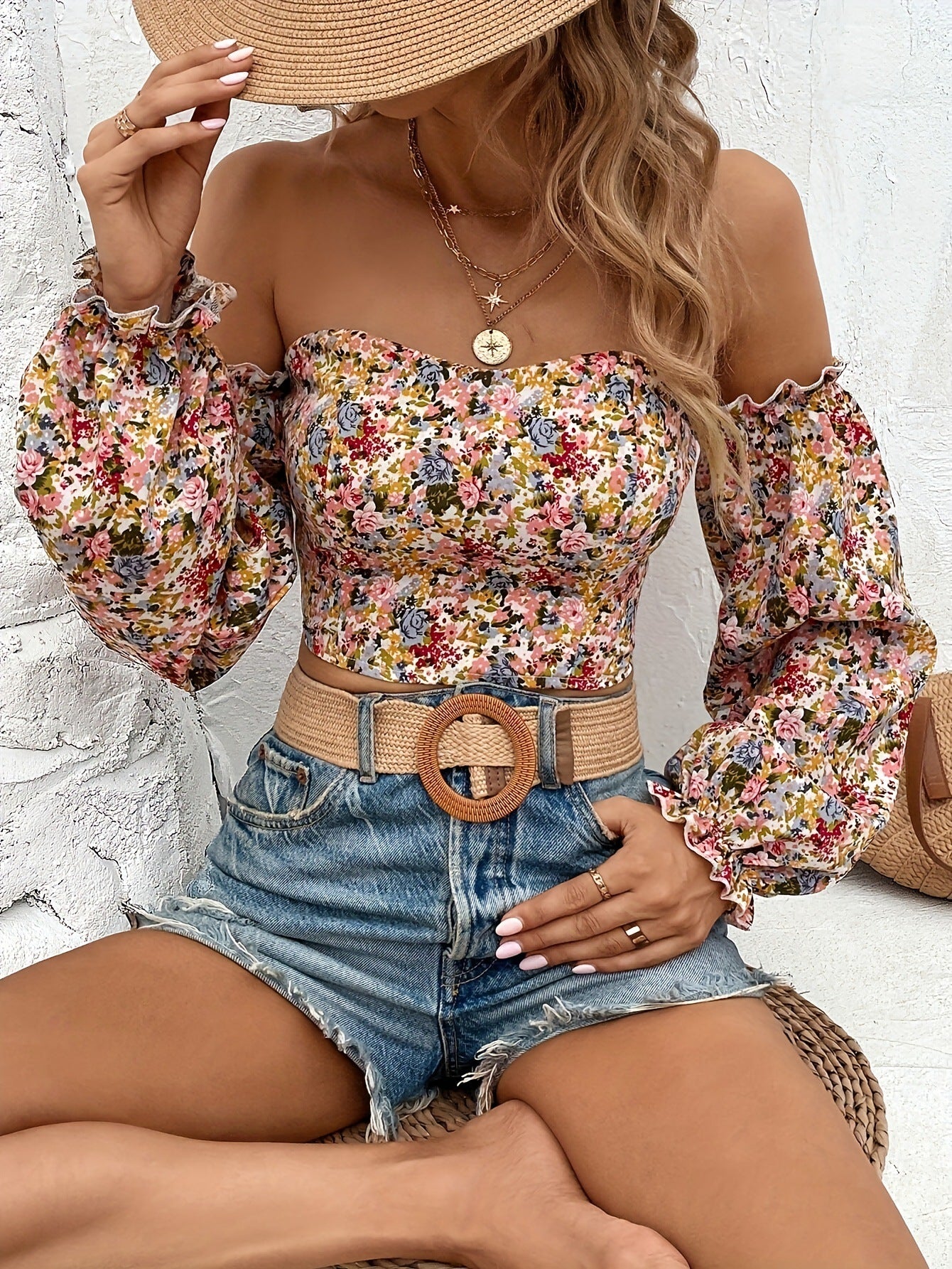 Printed Lantern Sleeve Chiffon Shirt Women's Top