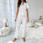 Cherry print water-soluble embroidery lace short-sleeved and pants set pajamas