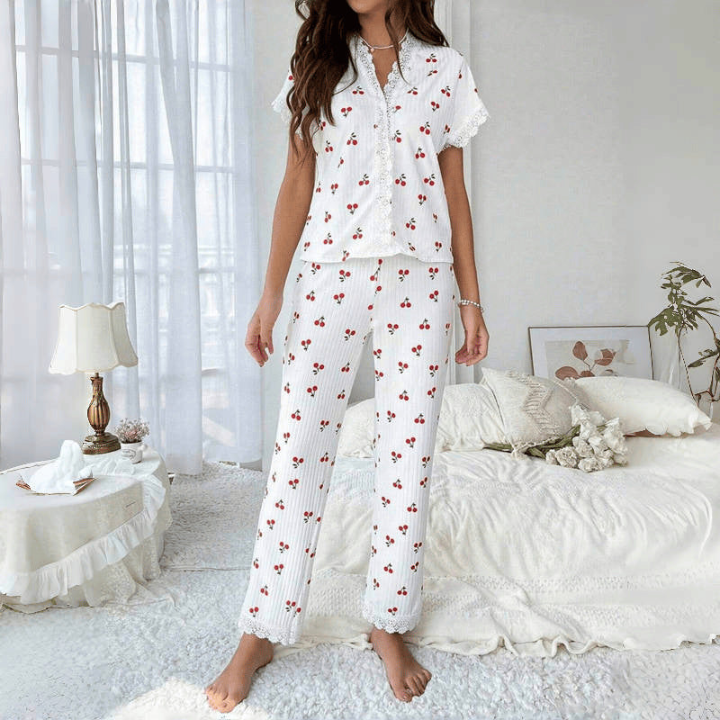 Cherry print water-soluble embroidery lace short-sleeved and pants set pajamas
