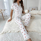 Cherry print water-soluble embroidery lace short-sleeved and pants set pajamas