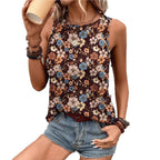 Printed Loose Casual Crew Neck Sleeveless  Summer Top