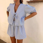 Plaid Striped Rubber Cuffs Casual Fashion Tether Elastic Waist Shorts Set