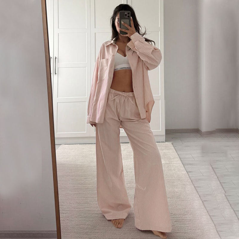 Polyester striped casual simple women's long-sleeved trousers loose suit