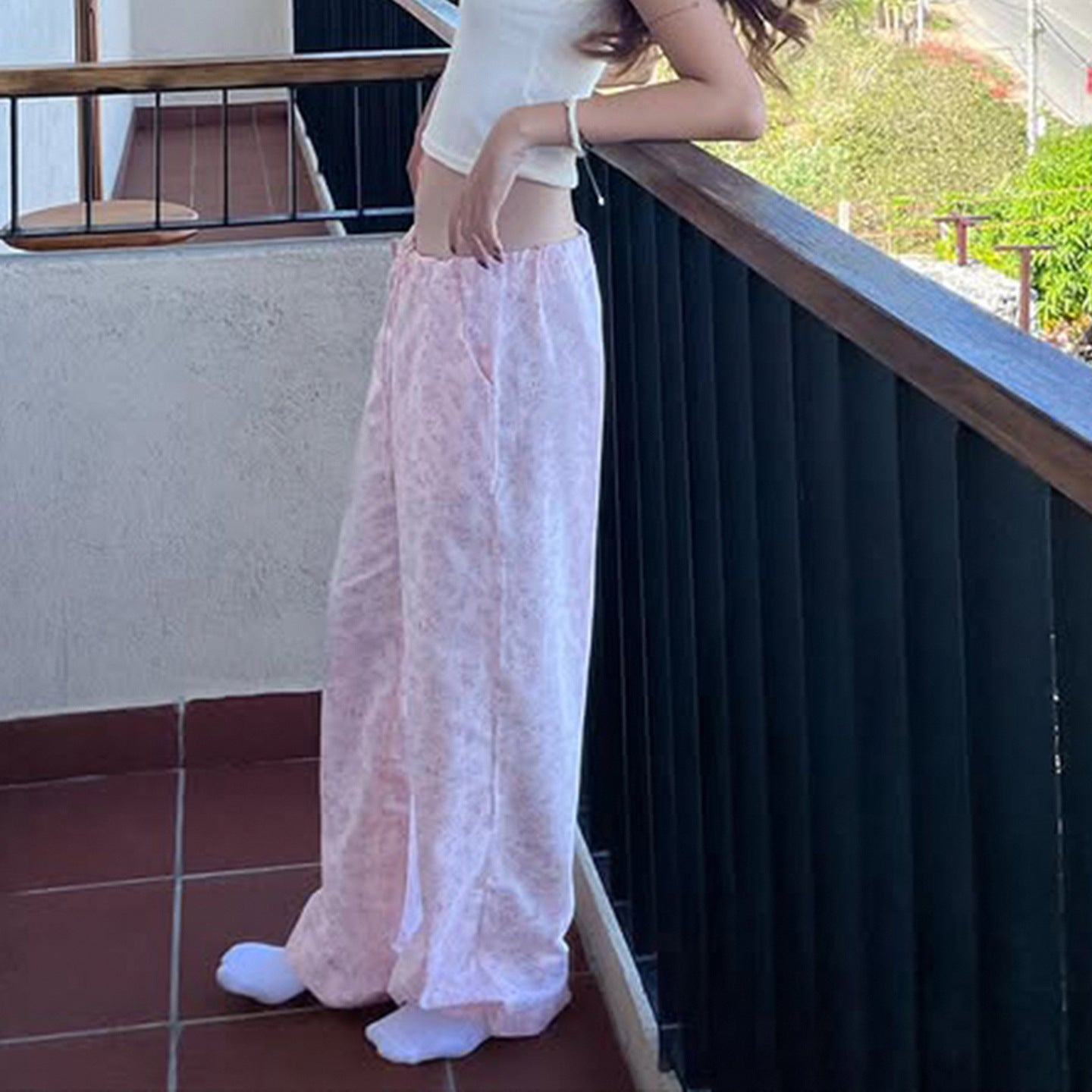 Pink floral lace-up low-rise loose straight pants