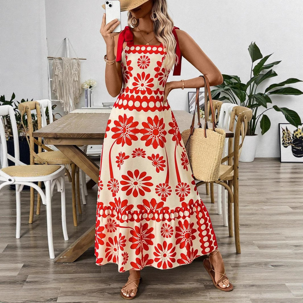 Bohemian dress positioning flower shoulder strap strap dress