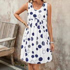 Polka dot print pleated sleeveless A-shaped dress