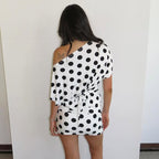 Polka dot contrasting color printing diagonal collar spill shoulder bat short-sleeved pullover top high waist hip skirt Set